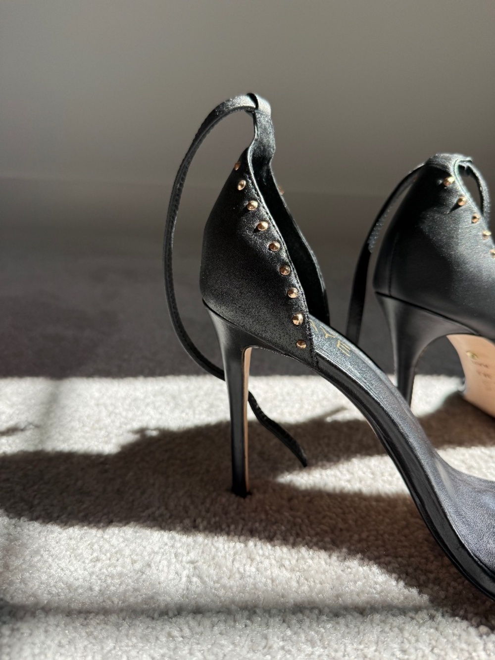 RAYE Black Studded Stiletto Heels 38.5 Ankle Strap Leather Sandals